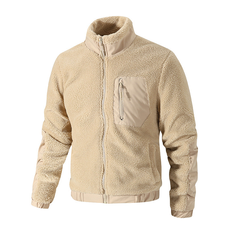 Light beige sherpa fleece zip jacket with contrast pocket and elastic cuffs