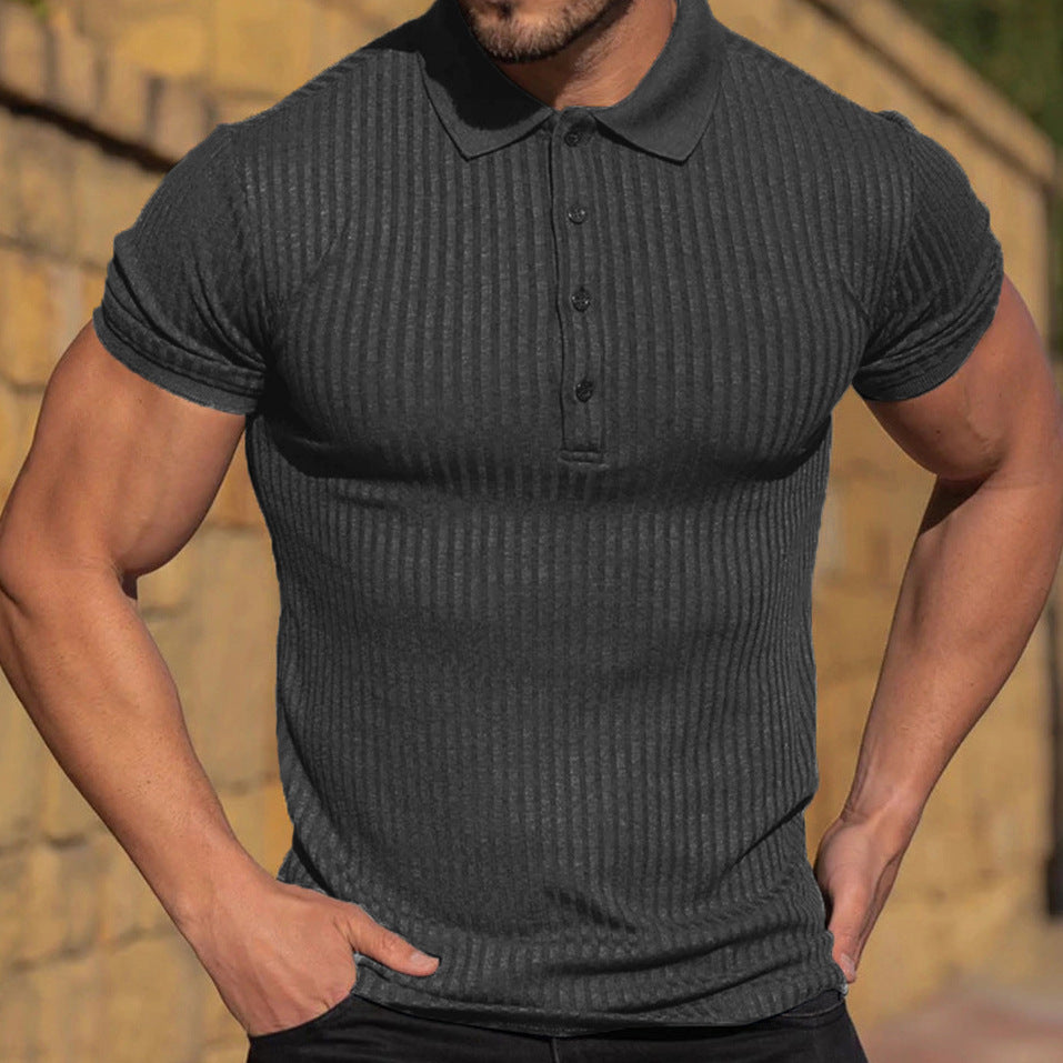 Men's vertical rib polo shirt, dark gray, short sleeves, button placket, foldover collar