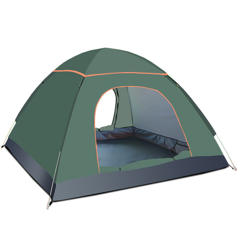 Pop-up camping tent in green with orange trim, front door open