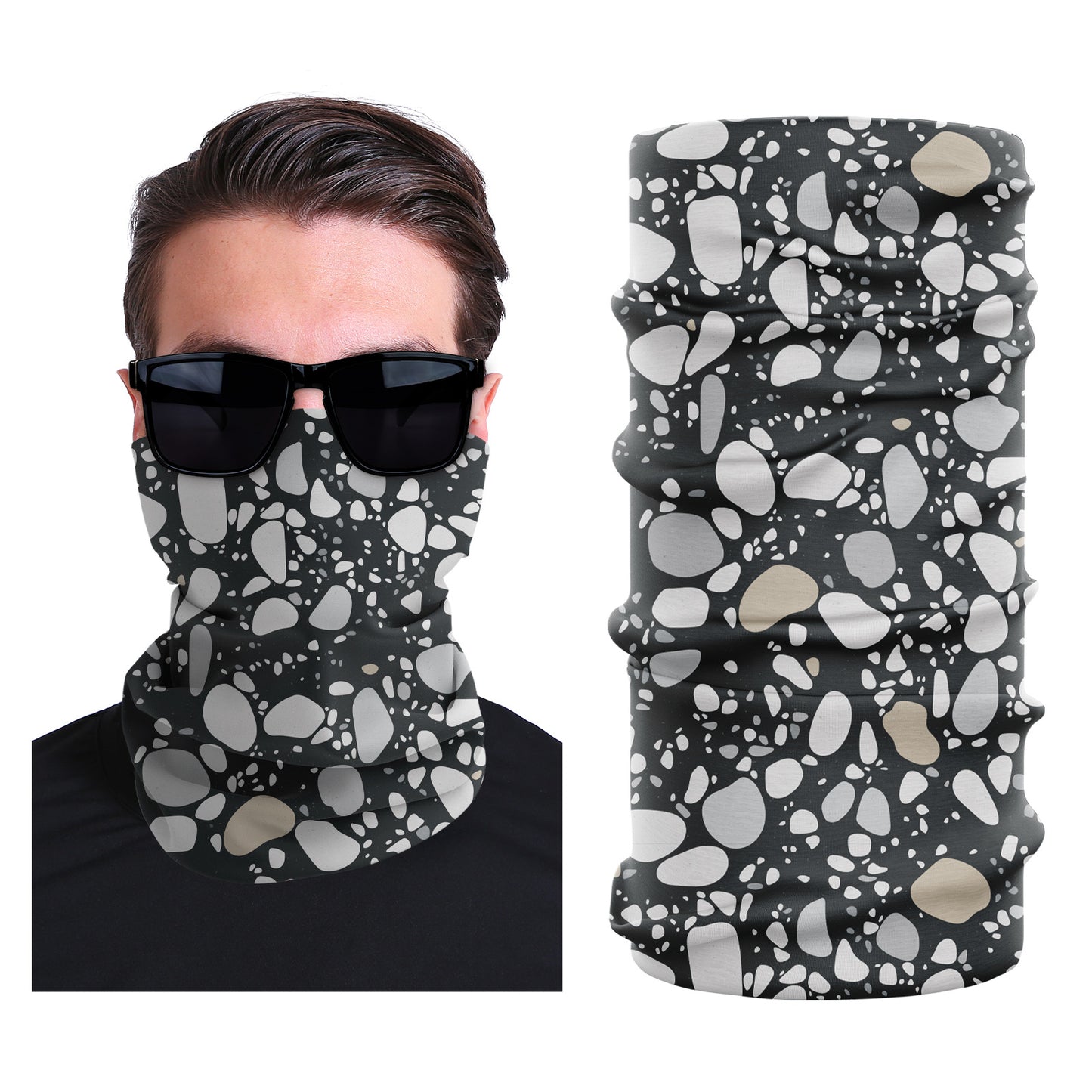 Stretch outdoor face mask in black with white speckled splash pattern
