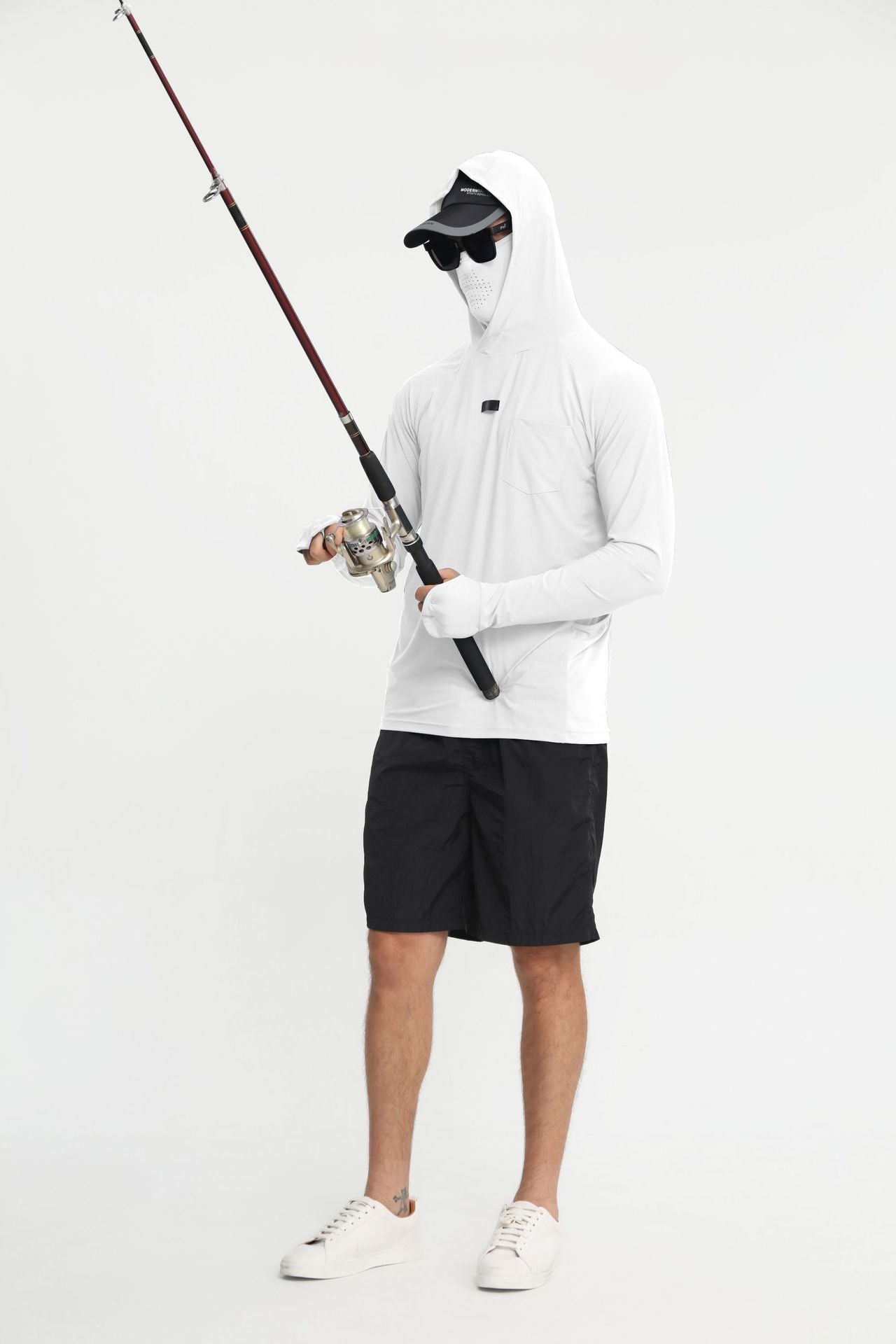 Quick-dry fishing sun hoodie in white with hood up and mesh face panel