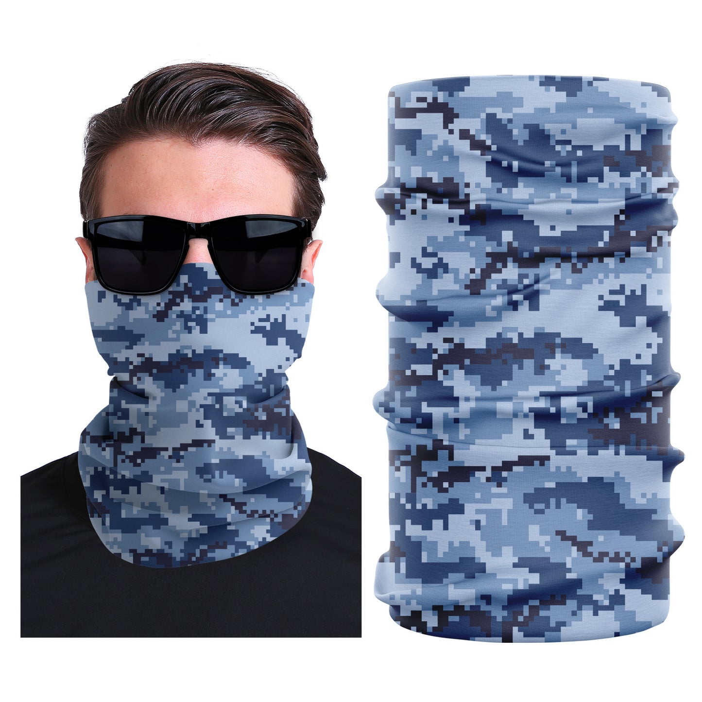 Seamless stretch outdoor face mask, blue digital camo pattern with folded neck coverage