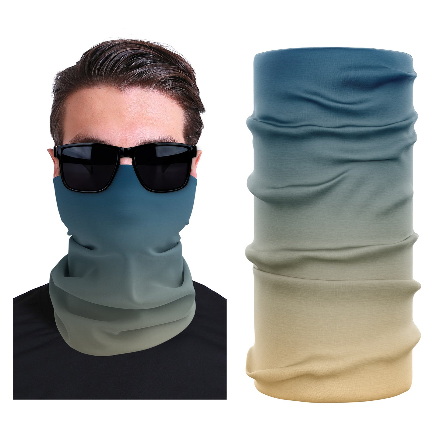 Seamless stretch outdoor face mask, teal-to-cream gradient with smooth folded neck
