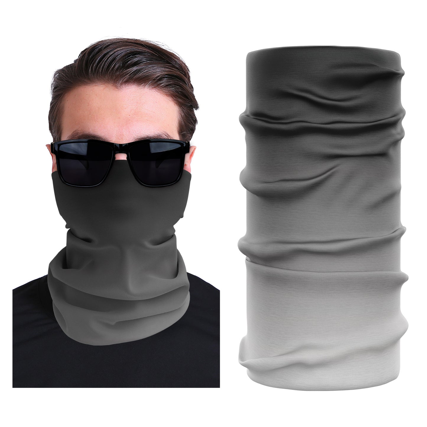 Seamless stretch outdoor face mask, dark gray with smooth folded neck coverage