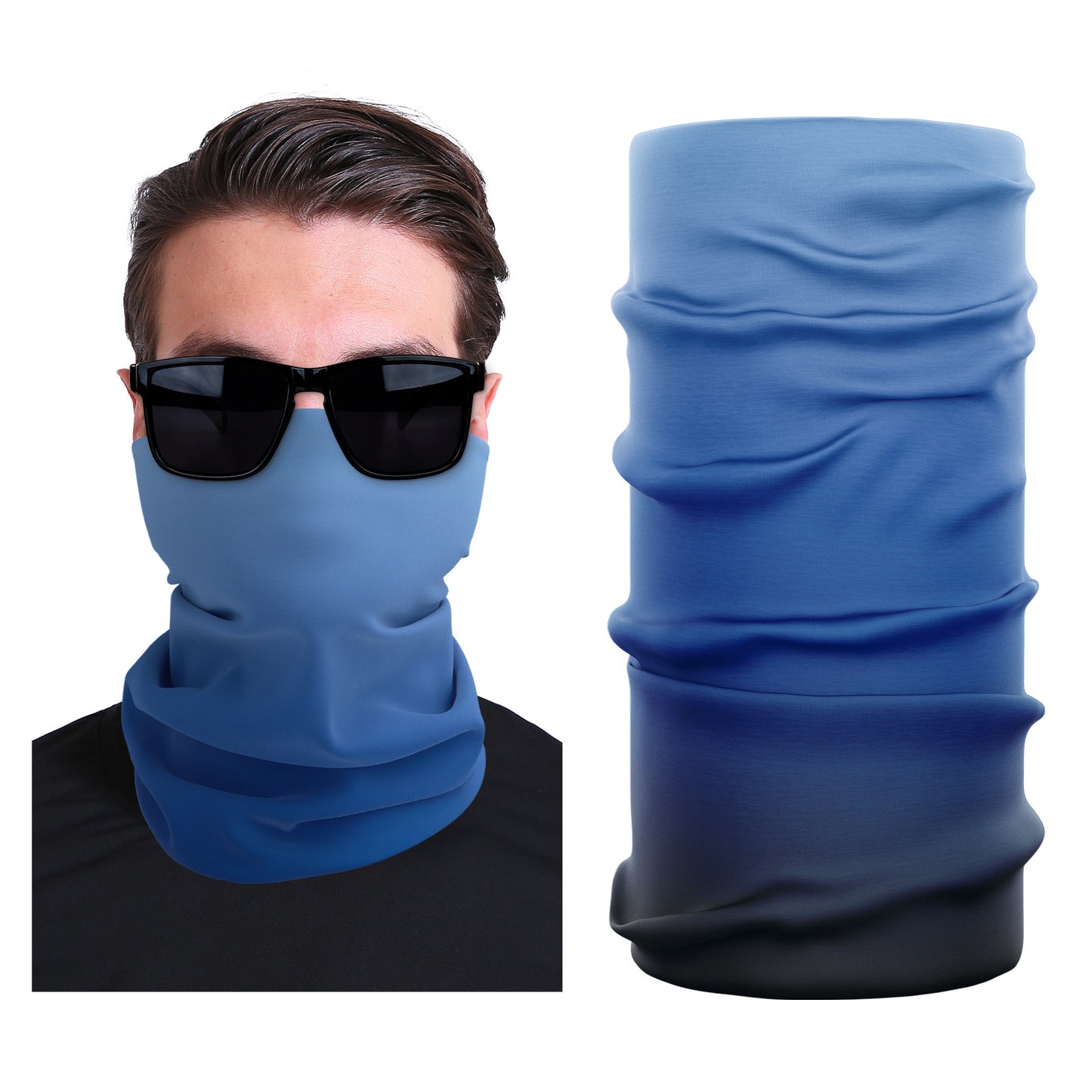 Seamless stretch outdoor face mask, solid medium blue with smooth folded neck coverage