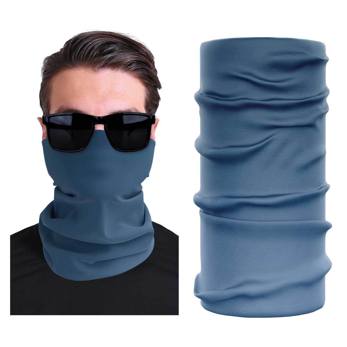 Seamless stretch outdoor face mask, light blue with smooth folded neck coverage