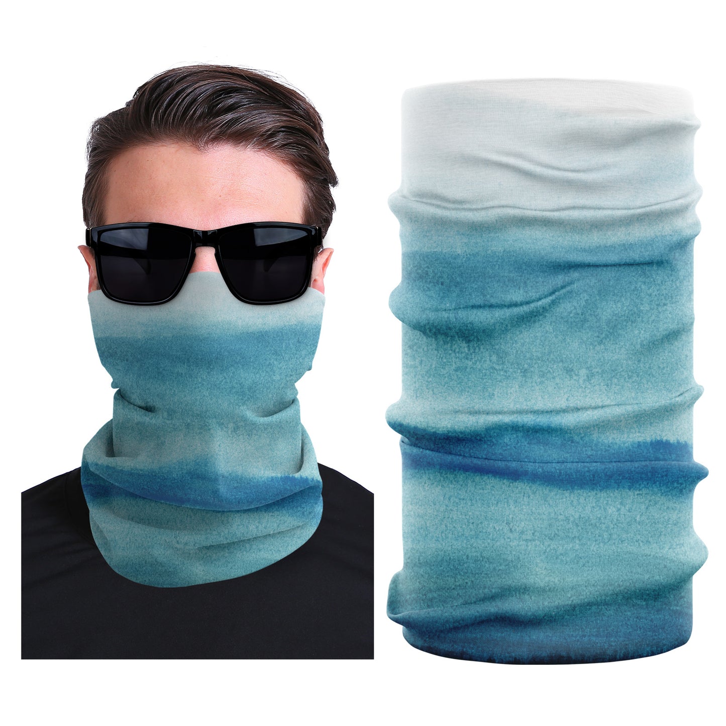 Seamless stretch outdoor face mask, blue ombre to pale blue with smooth folded neck
