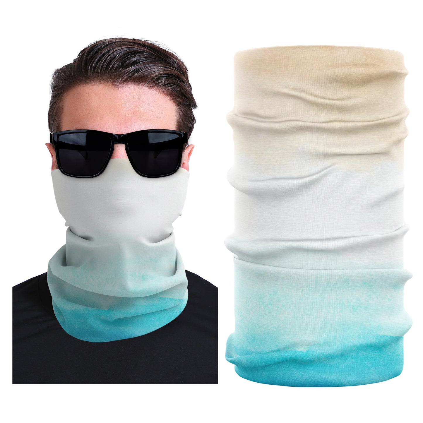 Seamless stretch outdoor face mask, white to aqua ombre with smooth folded neck