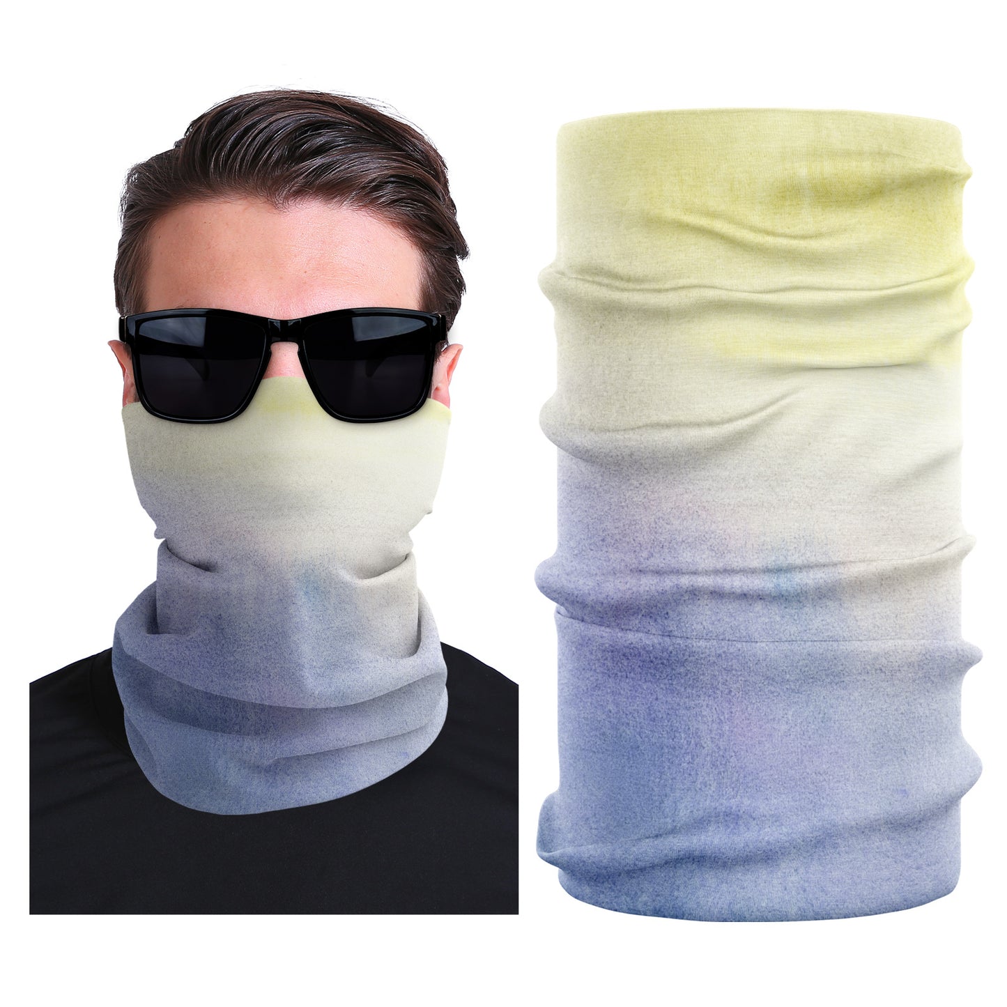 Seamless stretch outdoor face mask, pale green to lavender ombre with folded neck coverage