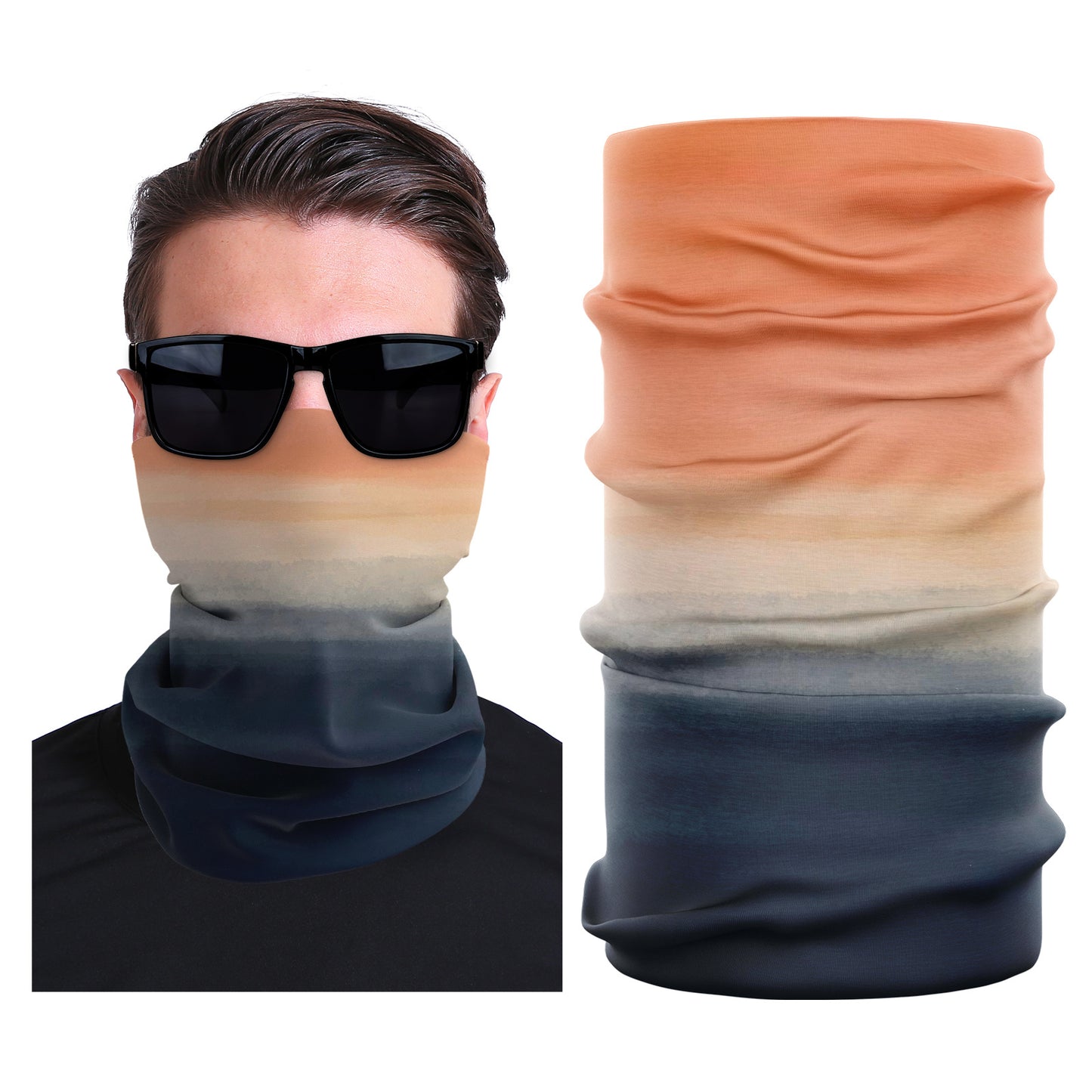 Seamless stretch outdoor face mask, orange to navy ombre with smooth folded neck coverage