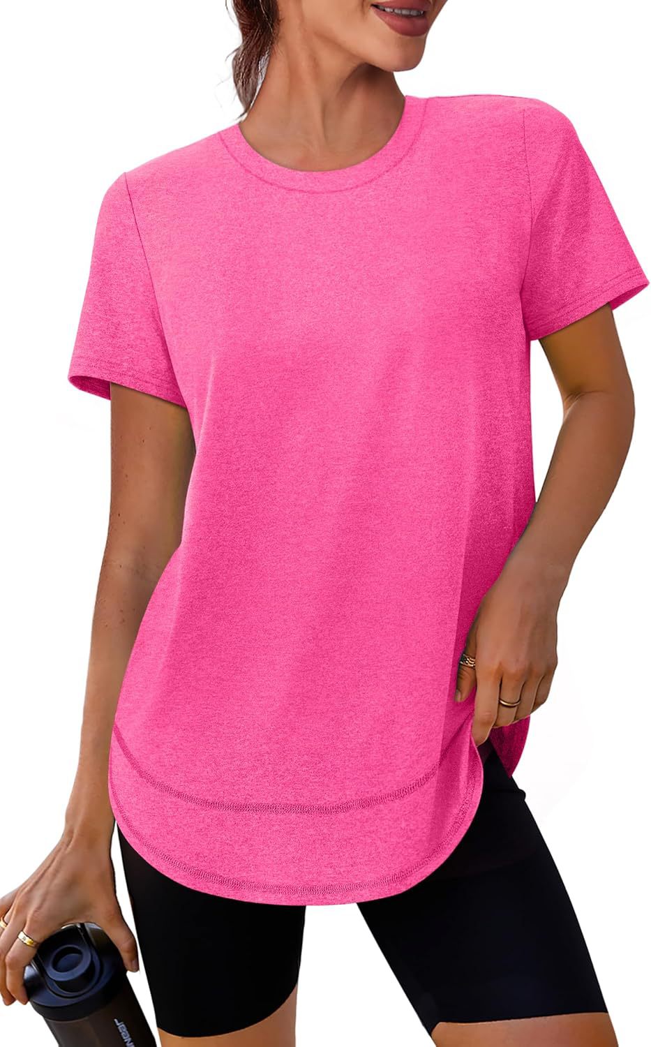 Women’s short-sleeve curved-hem T-shirt, hot pink crew neck