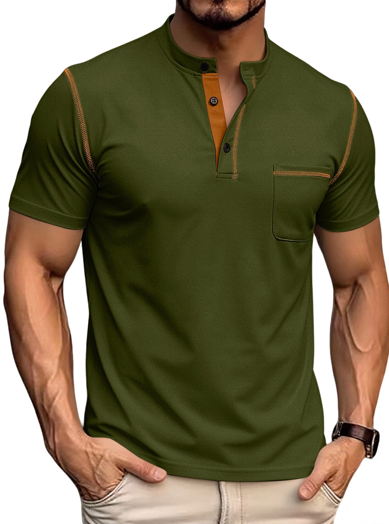 Men's stand collar henley polo shirt in green, button placket, chest pocket, contrast trim
