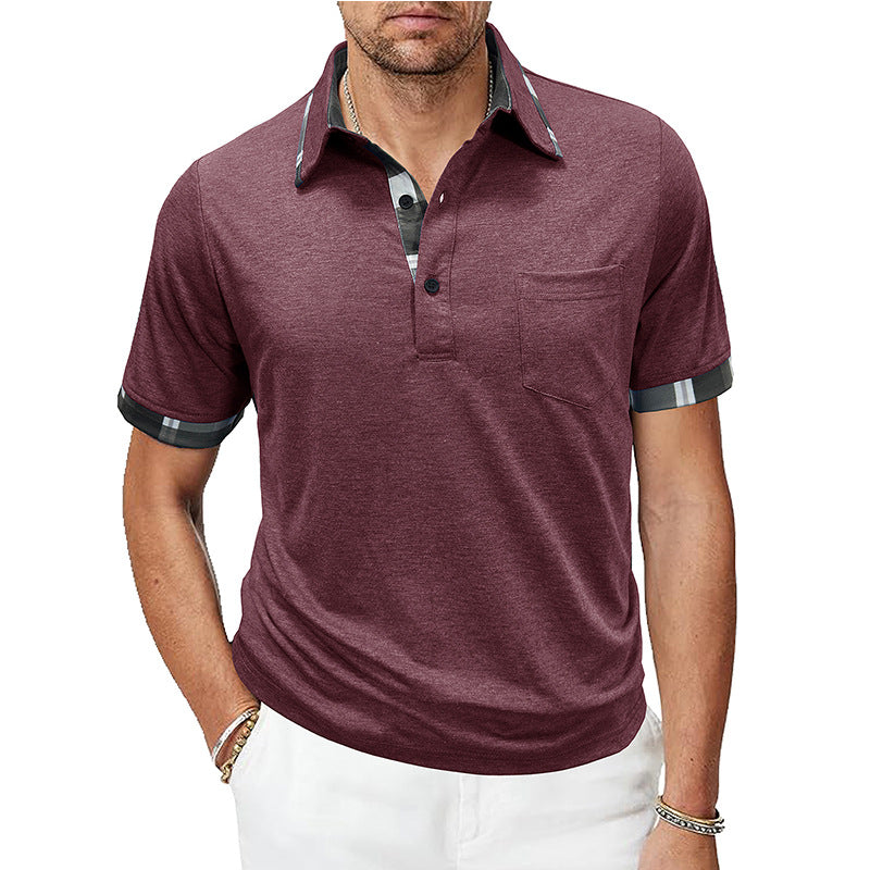 Maroon men’s plaid-trim pocket short-sleeve polo with button placket