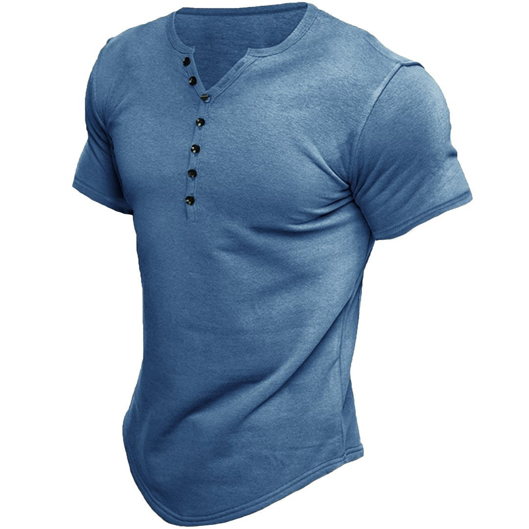 Sky blue men's henley short-sleeve T-shirt with button placket and crew neck
