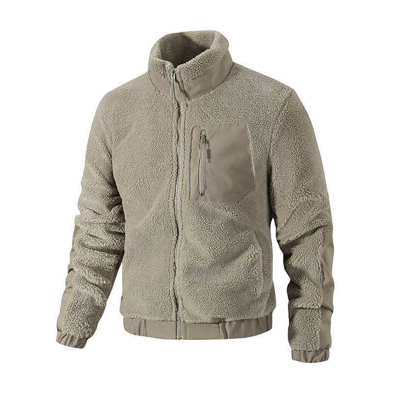 Gray sherpa fleece zip jacket with contrast pocket and elastic cuffs