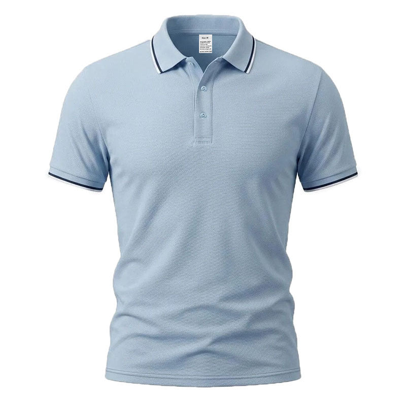 Light blue short-sleeve polo shirt with button placket and ribbed collar, solid knit.