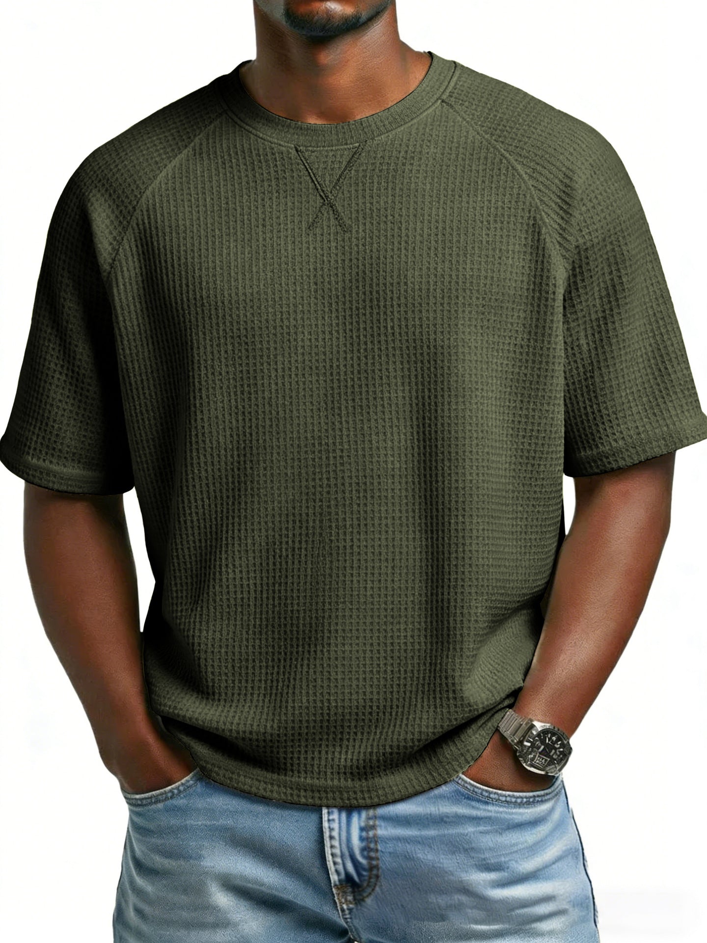 Men's waffle knit tee in dark green, short sleeves and crew neck