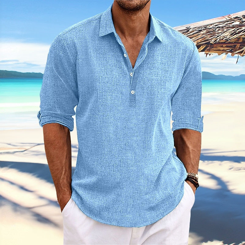 Men's linen-blend henley shirt in blue, 3-button placket, folded 3/4 sleeves