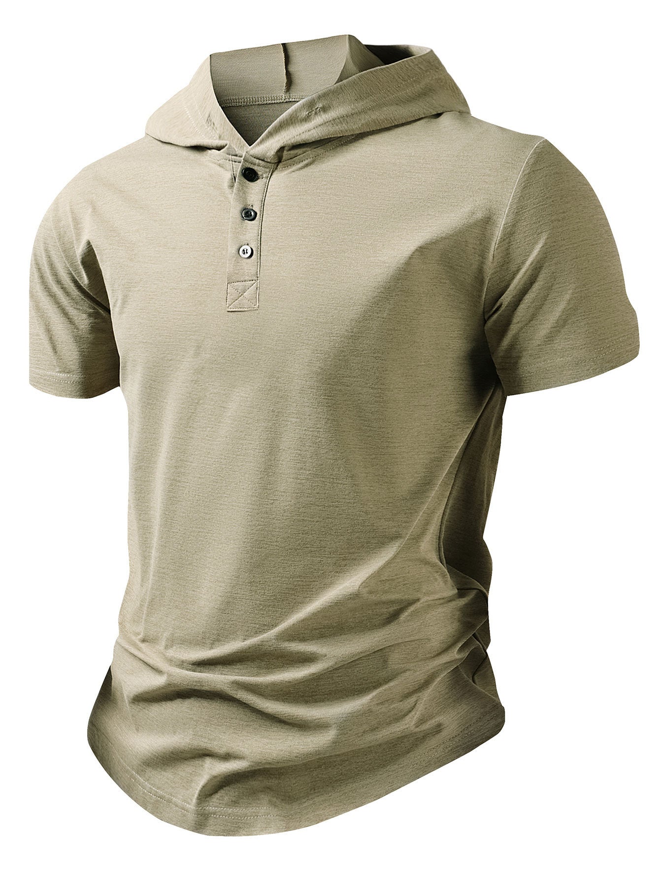 Khaki/olive hooded henley T-shirt with short sleeves and button placket