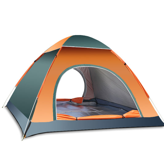 Pop-up camping tent with orange and dark green panels, front door open