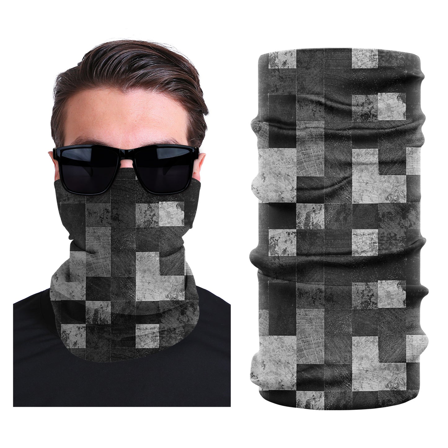Stretch outdoor face mask in dark gray with mottled checker squares