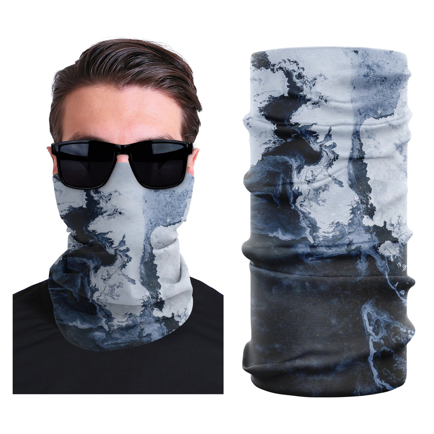 Blue seamless face mask with white abstract splatter design.