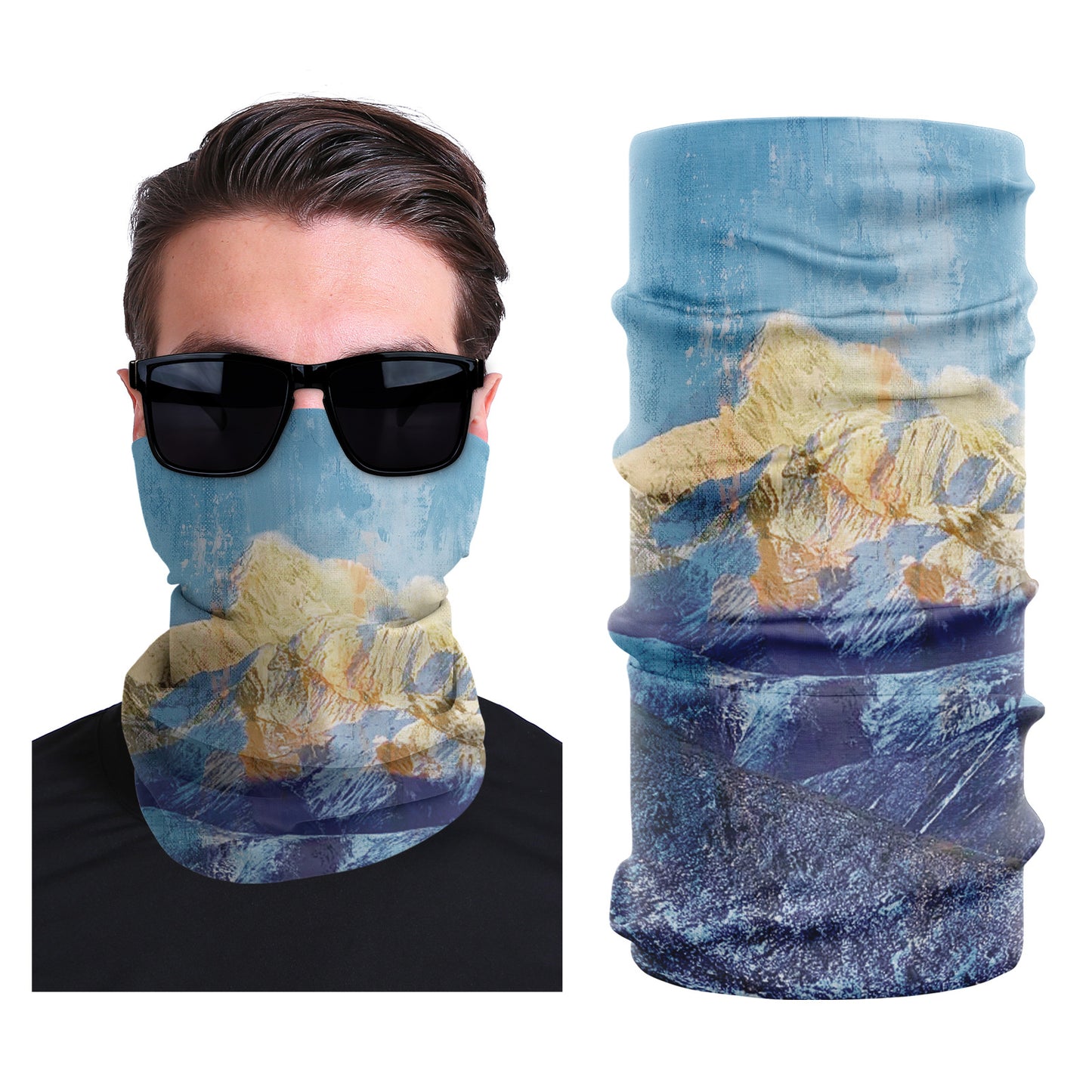 Blue seamless face mask with cream and yellow abstract shapes.