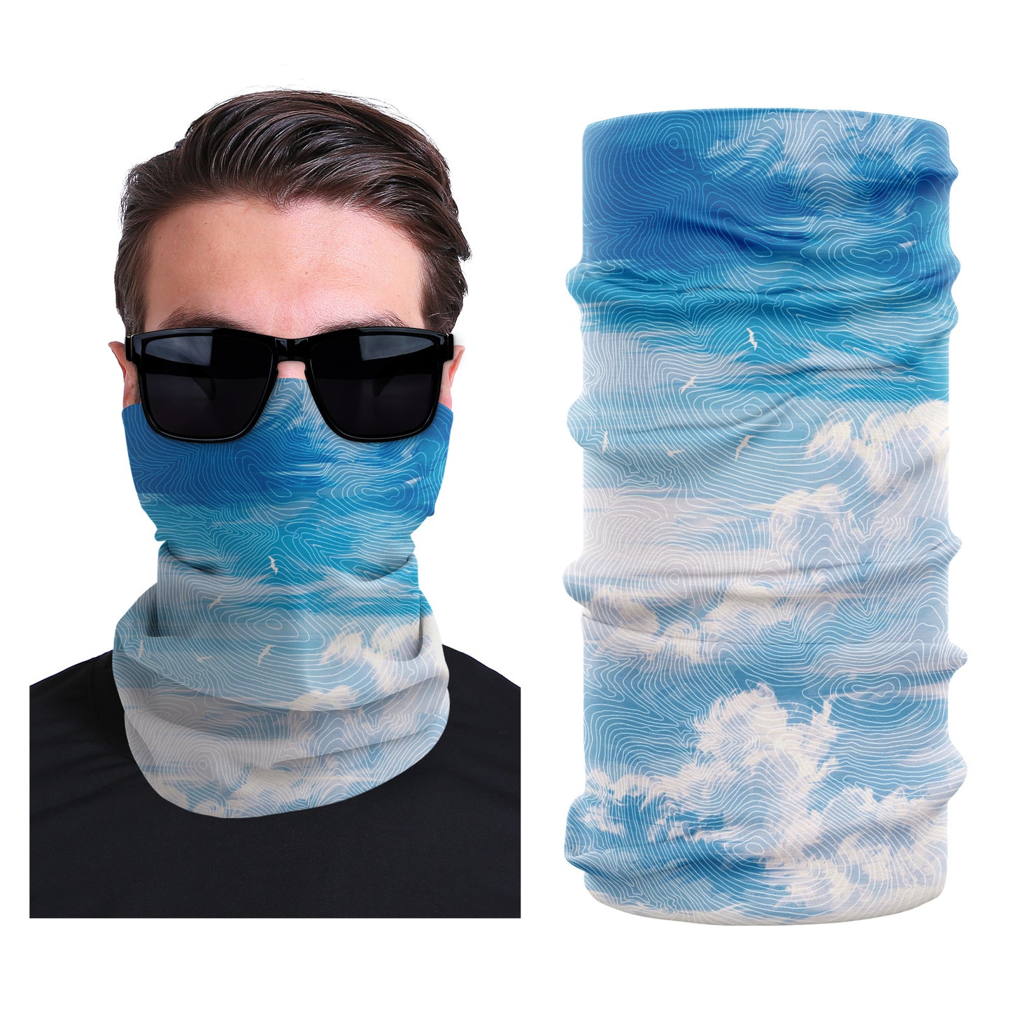 Light blue seamless face mask with white cloud-like wave pattern.