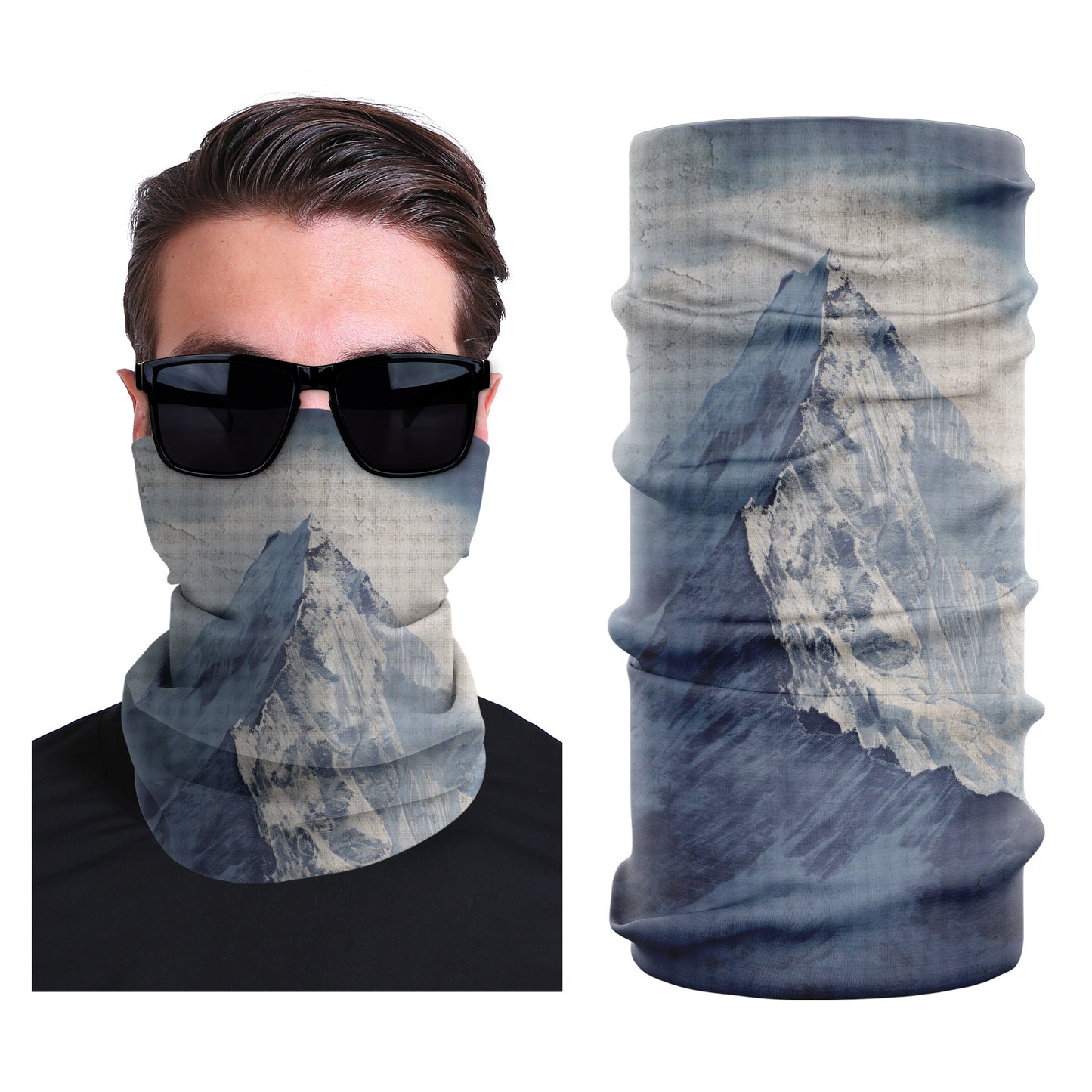 Blue-gray seamless face mask with beige mountain triangle print.