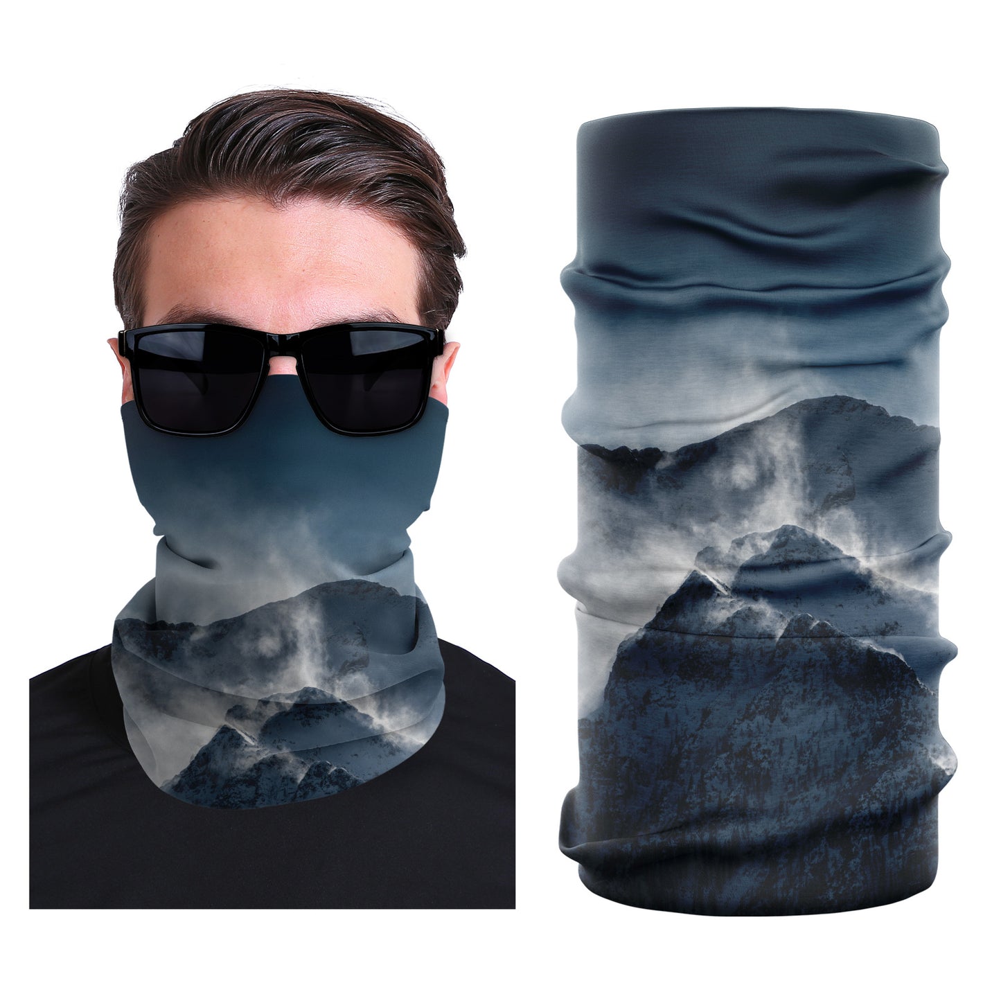 Dark blue seamless face mask with smoky cloud and mountain print.