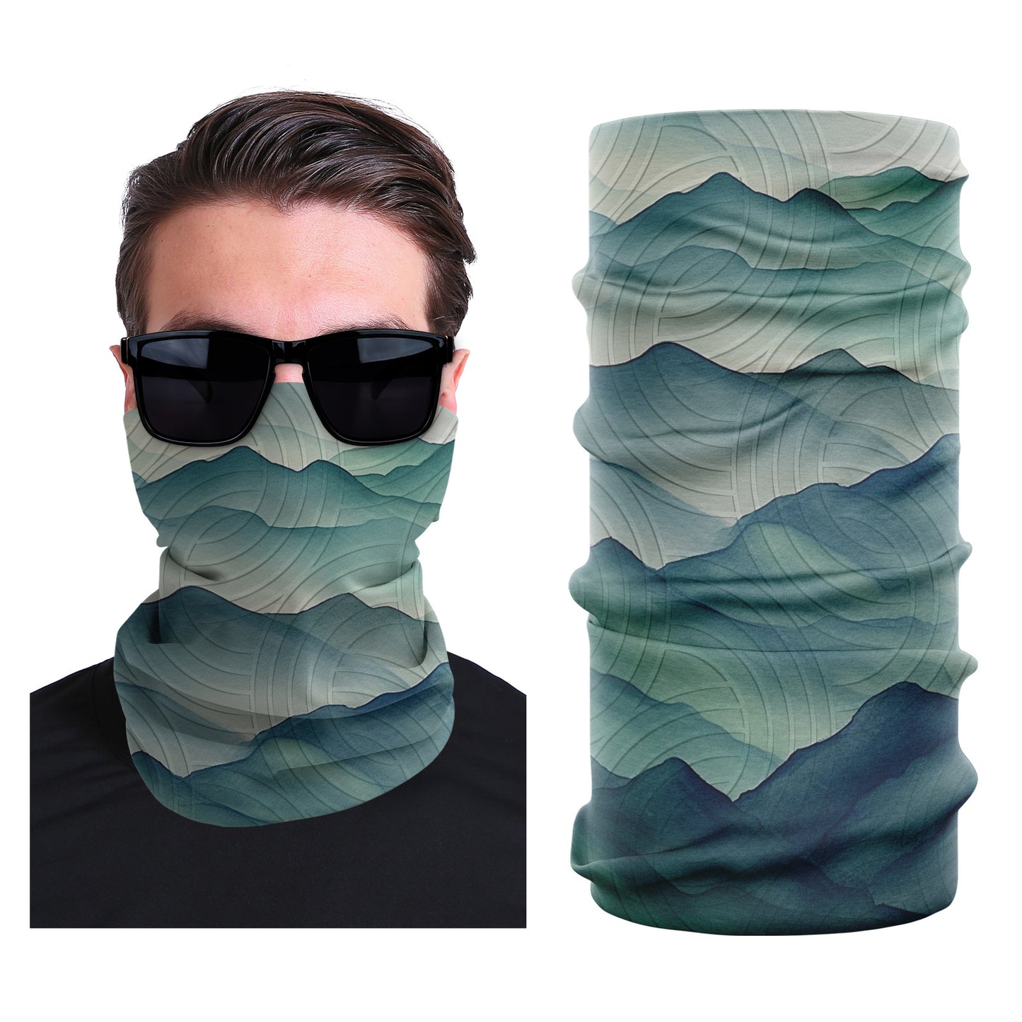 Teal-green seamless face mask with layered contour mountain lines.