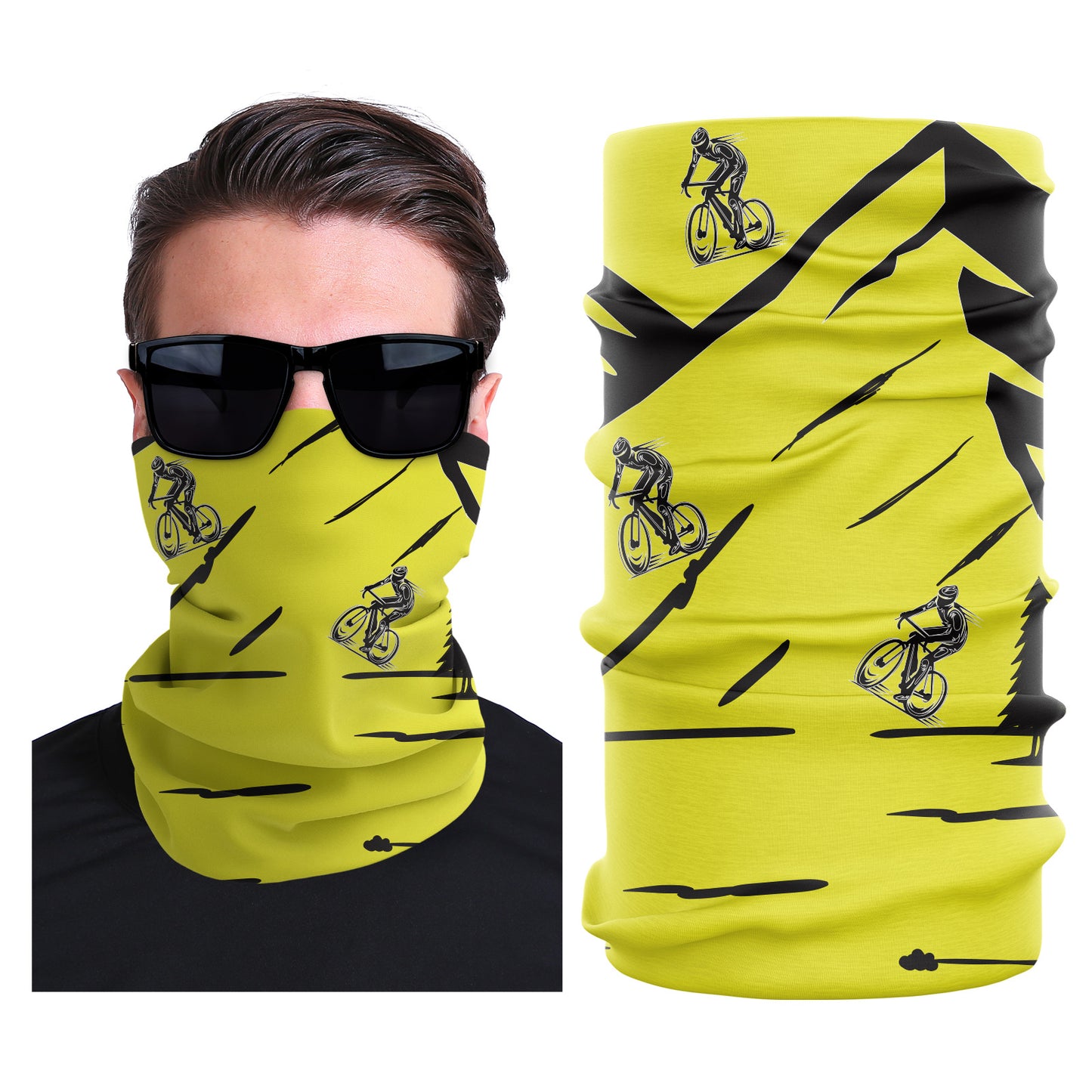 Bright yellow seamless face mask with black bicycle and arrow icons.