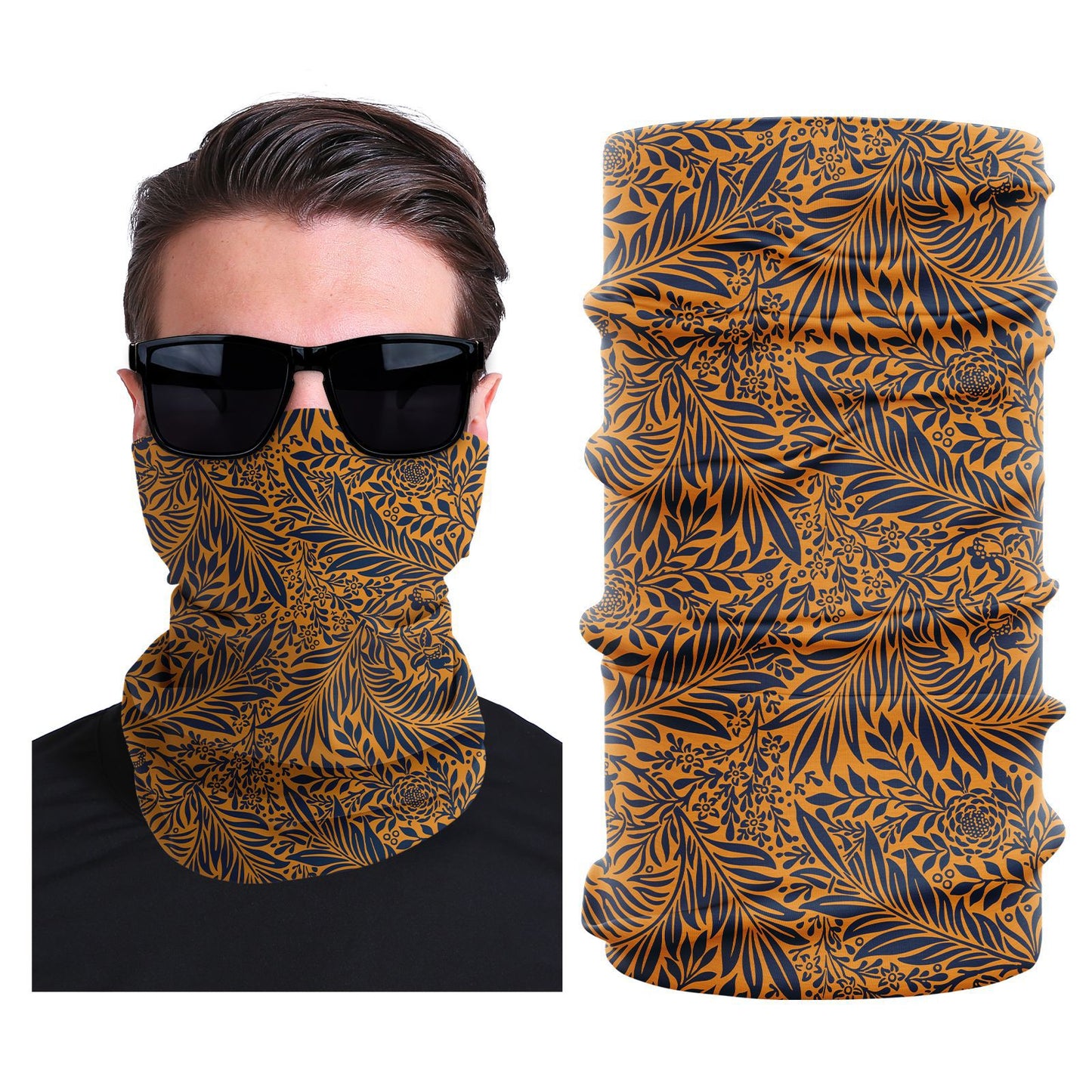 Brown and tan seamless face mask with ornate leaf pattern.