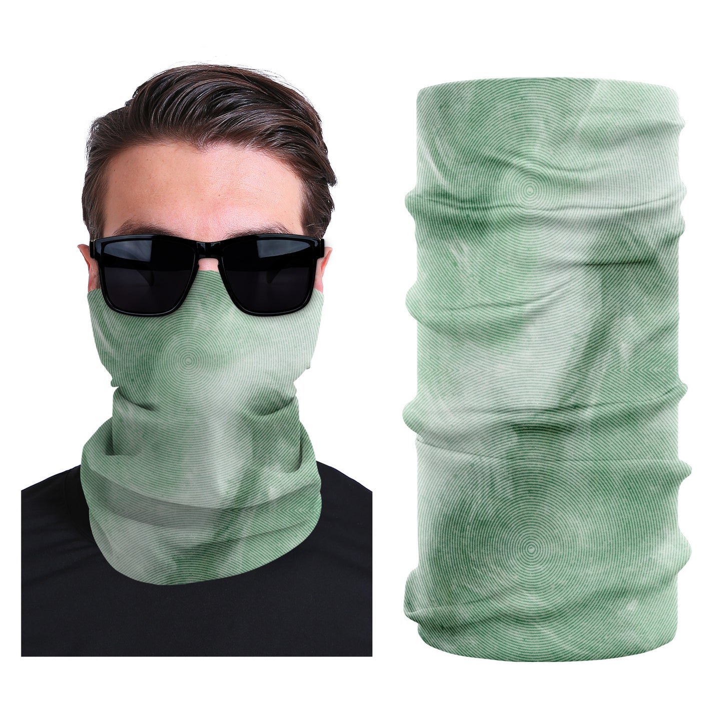 Sage green seamless stretch face mask, smooth solid fabric.