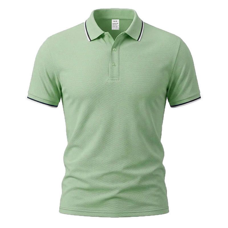 Green short-sleeve polo shirt with button placket and ribbed collar, solid knit.