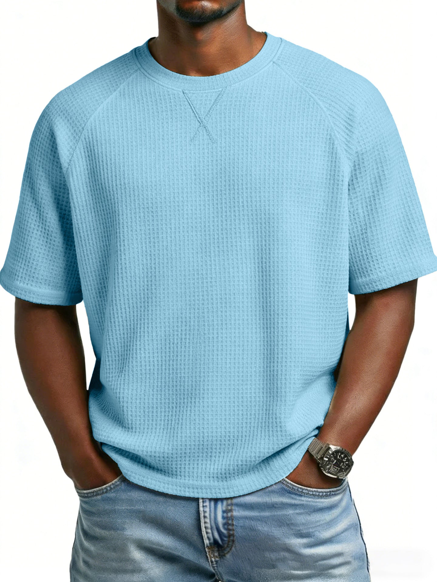 Men's waffle knit tee in sky blue, short sleeves and crew neck
