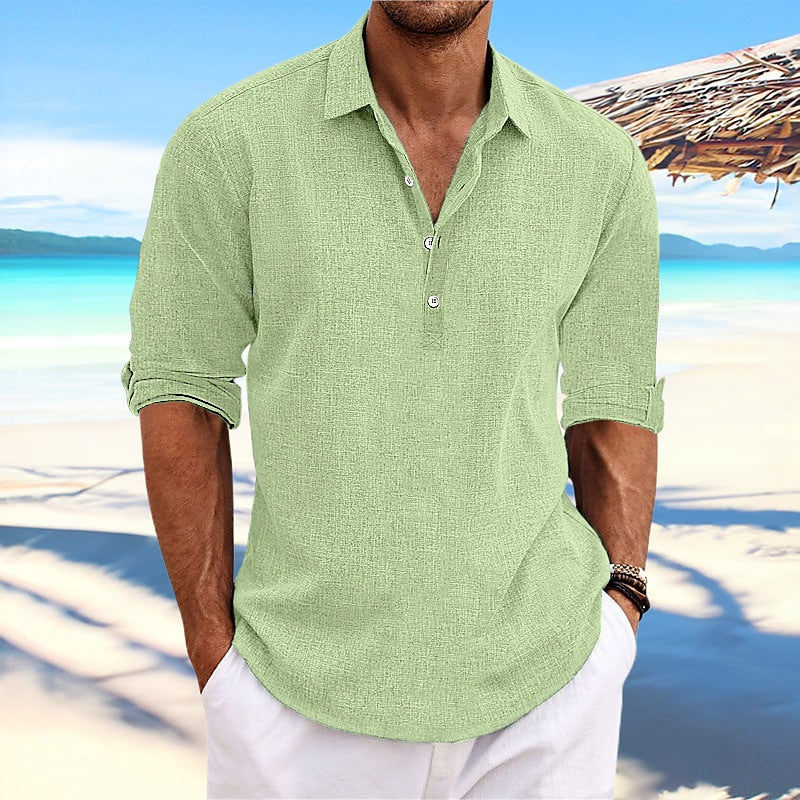 Men's linen-blend henley shirt in green, 3-button placket, folded 3/4 sleeves