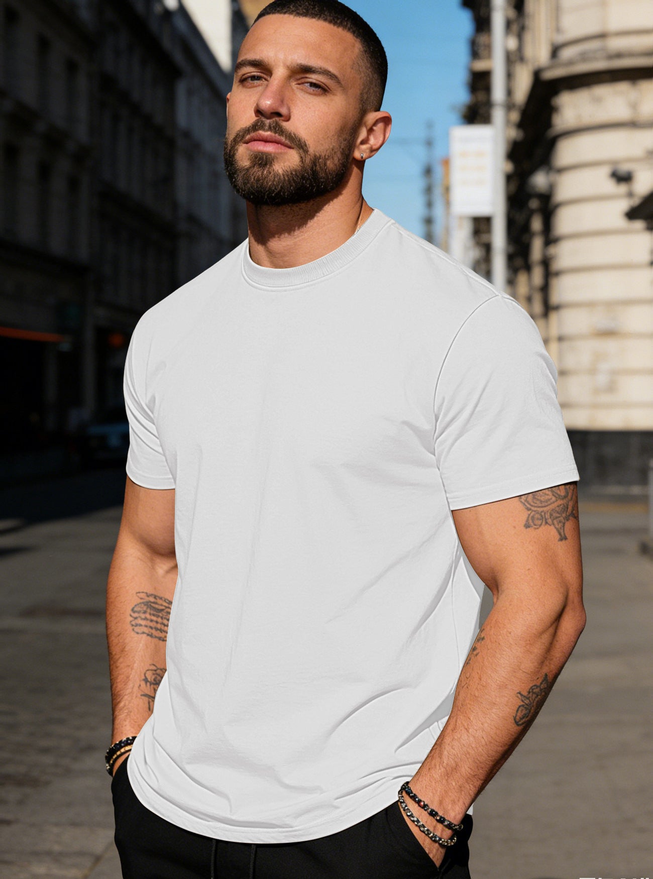 Men's solid crew neck basic tee, white, short sleeves