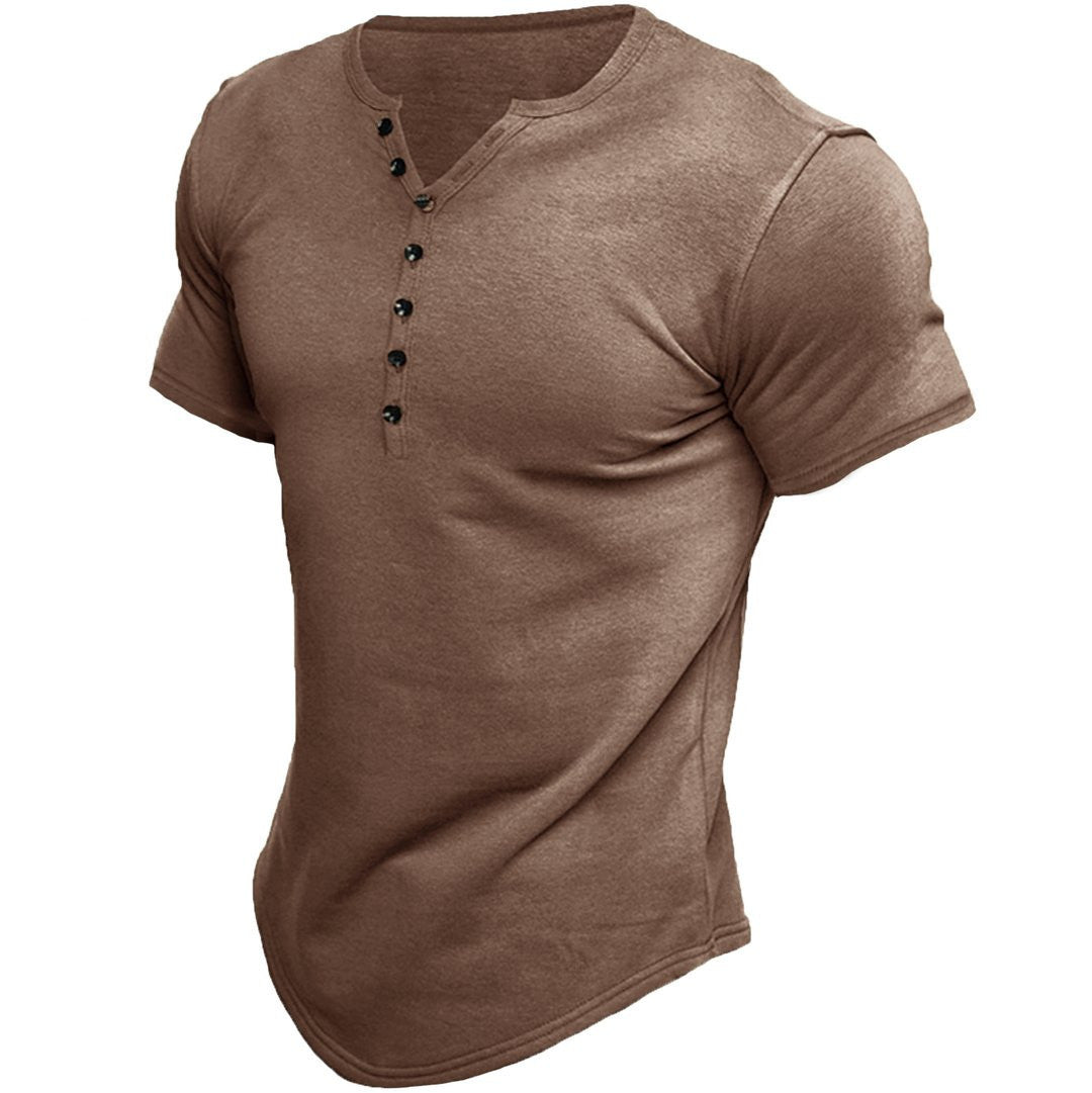 Brown men's henley short-sleeve T-shirt with button placket and crew neck
