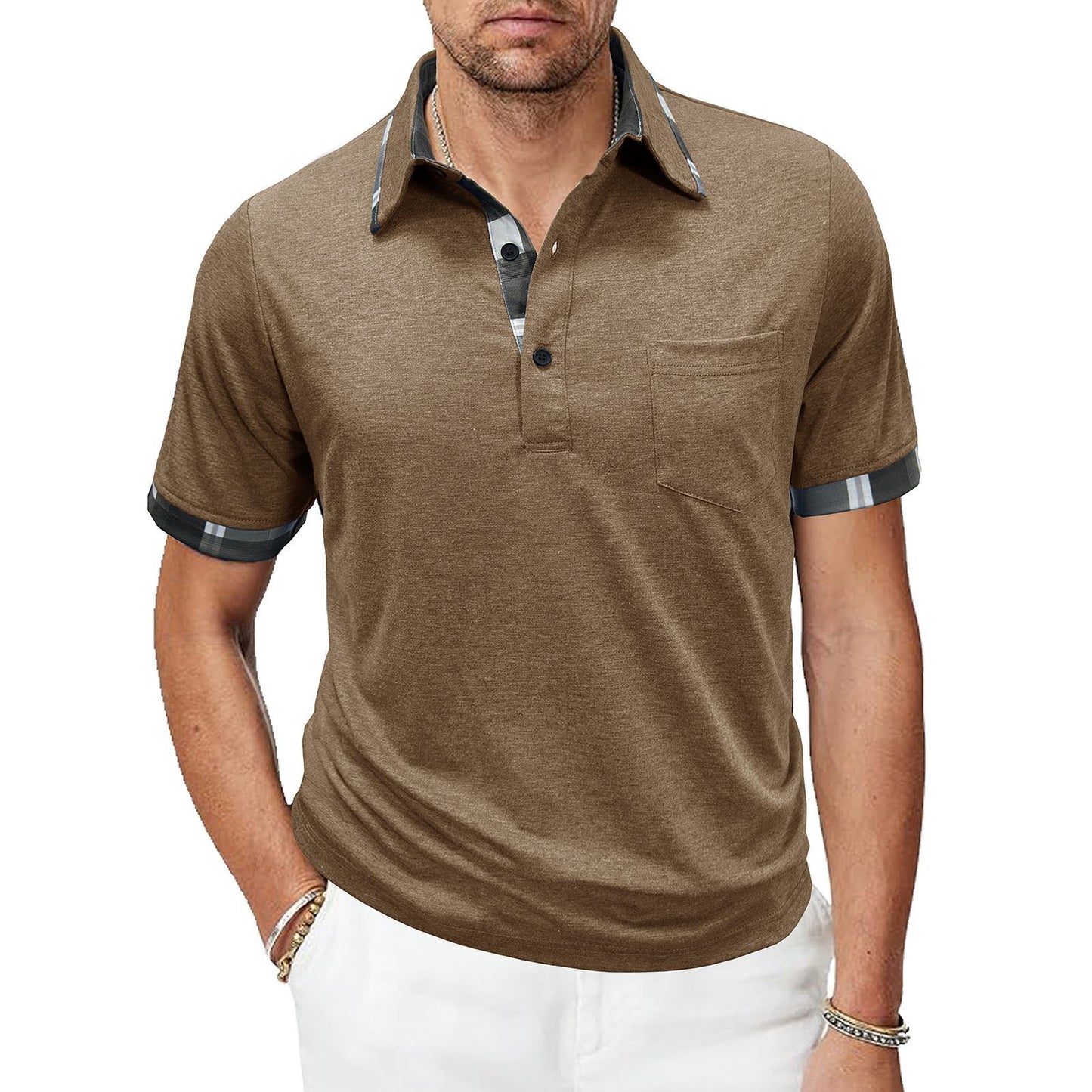 Khaki men’s plaid-trim pocket short-sleeve polo with button placket