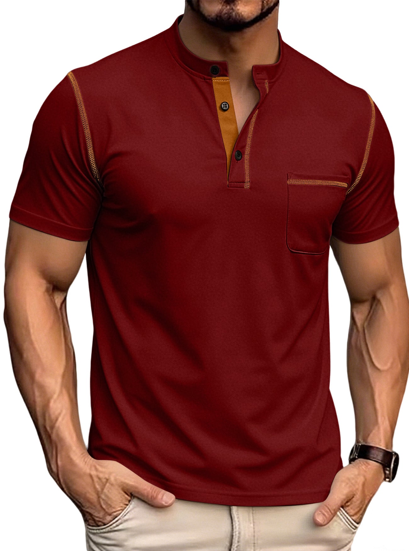 Men's stand collar henley polo shirt in red, button placket, chest pocket, contrast trim