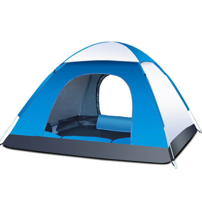Pop-up camping tent in blue with rounded front door and floor panel