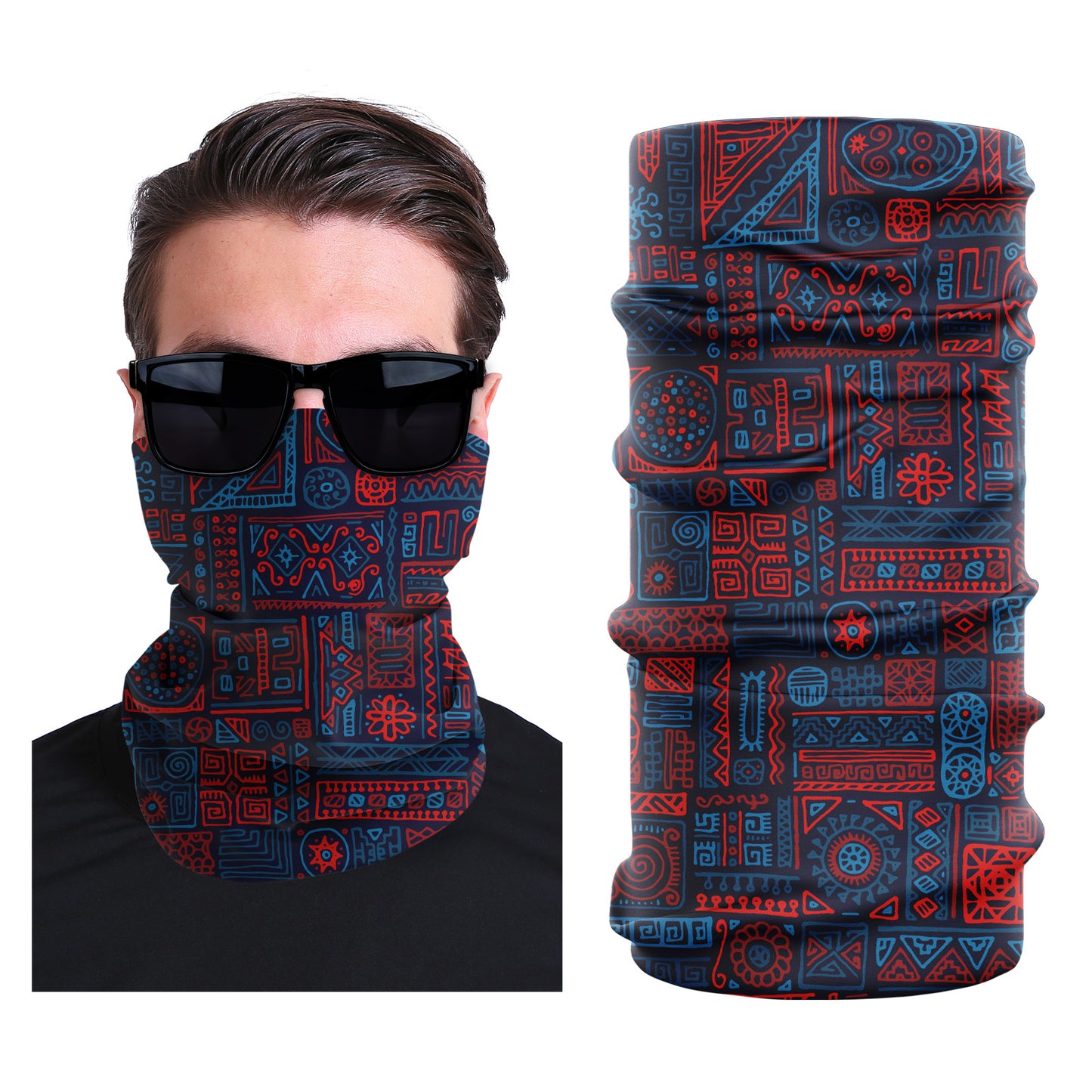 Stretch outdoor face mask in blue and red with geometric tribal pattern