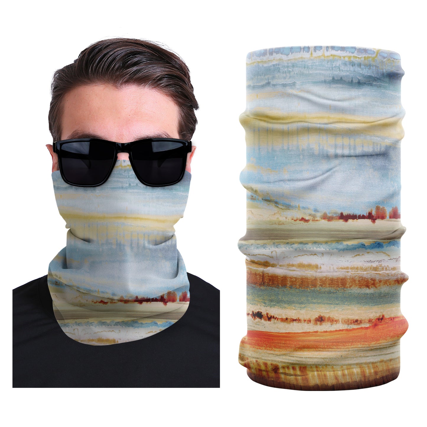 Stretch outdoor face mask, blue and gold coastal stripe print