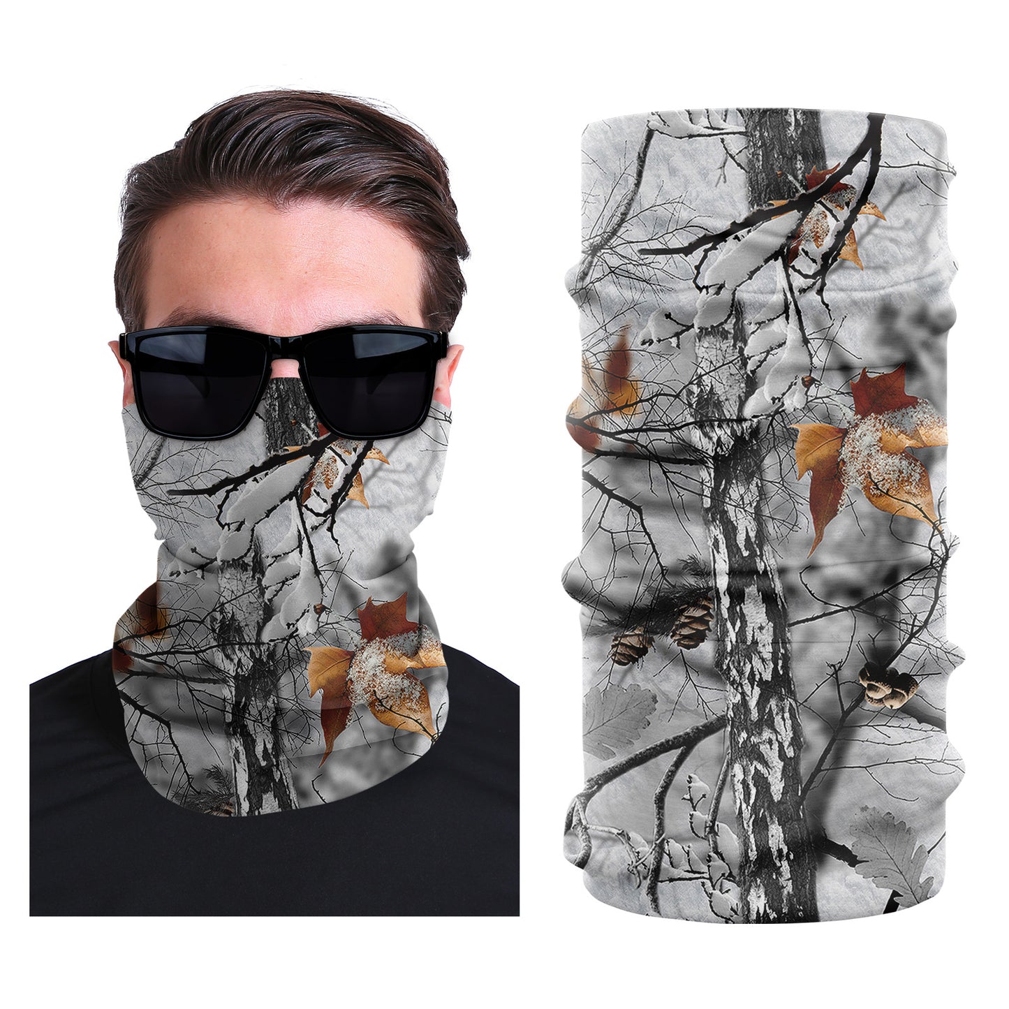 Stretch outdoor face mask, gray tree branch and orange floral print
