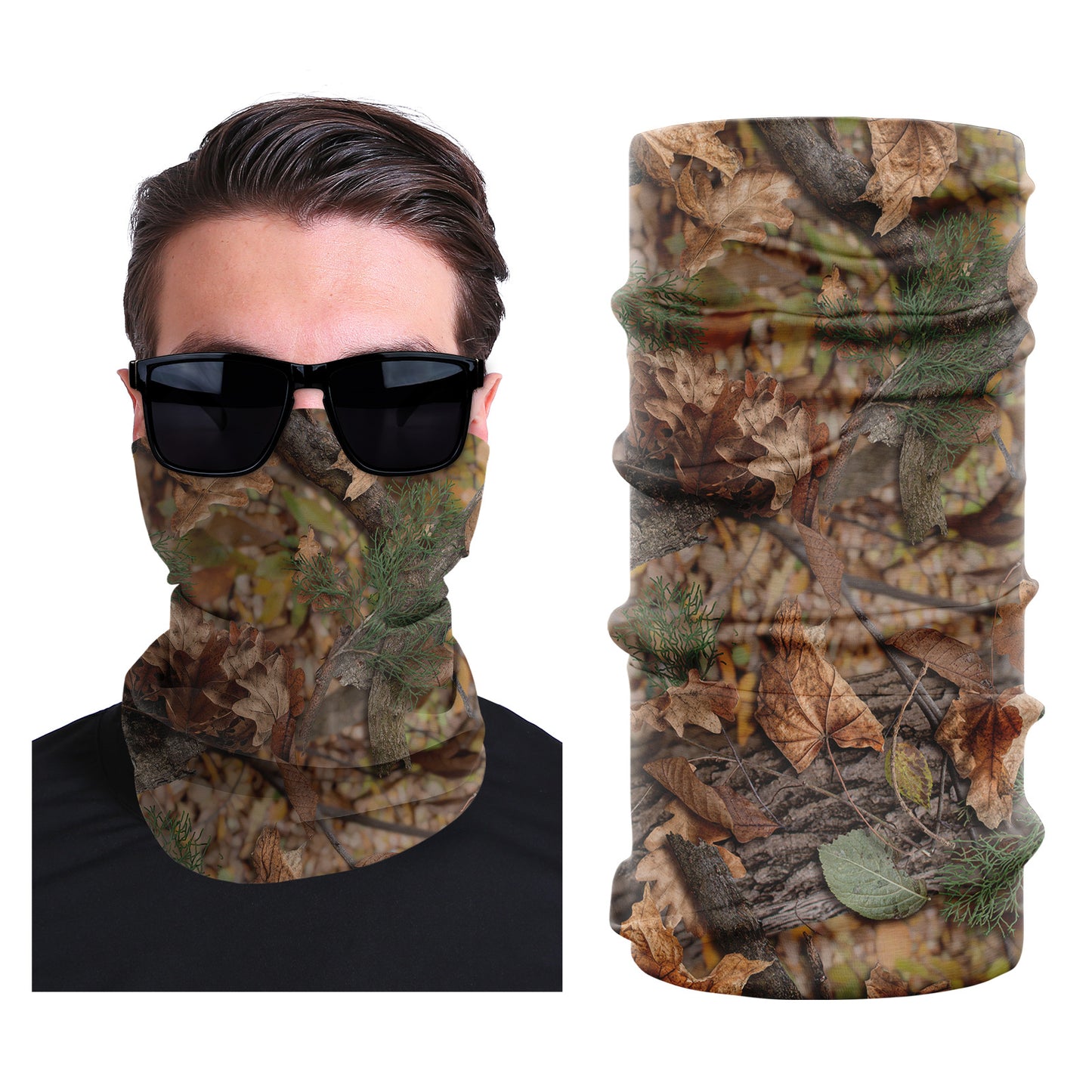 Stretch outdoor face mask, brown and green camouflage leaf print