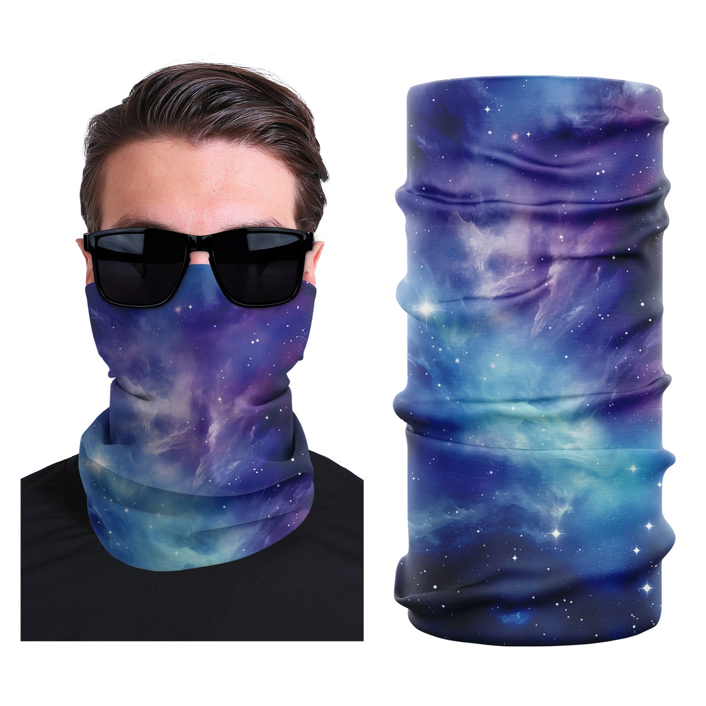 Stretch outdoor face mask, blue galaxy nebula print with stars
