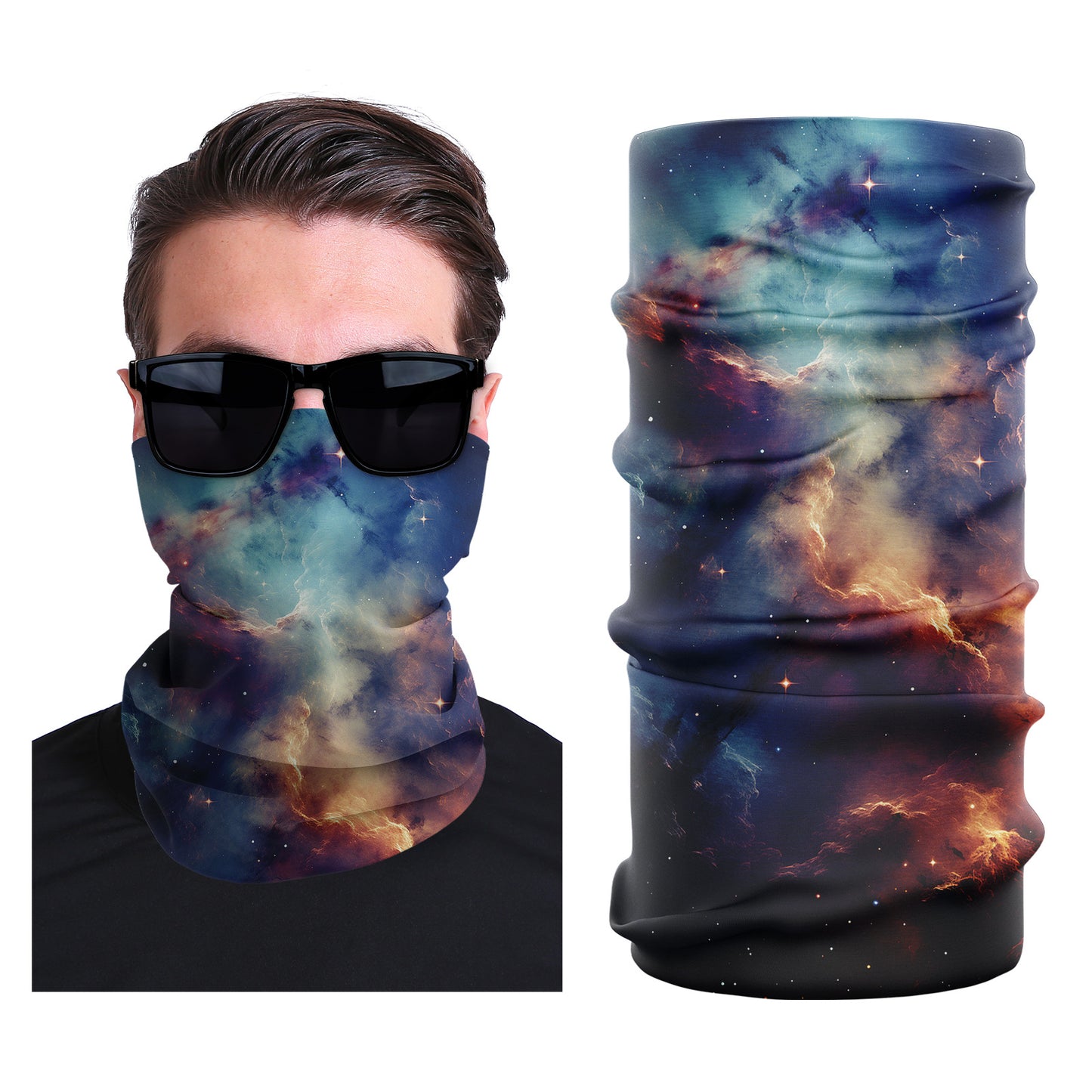 Seamless stretch face mask with galaxy nebula print