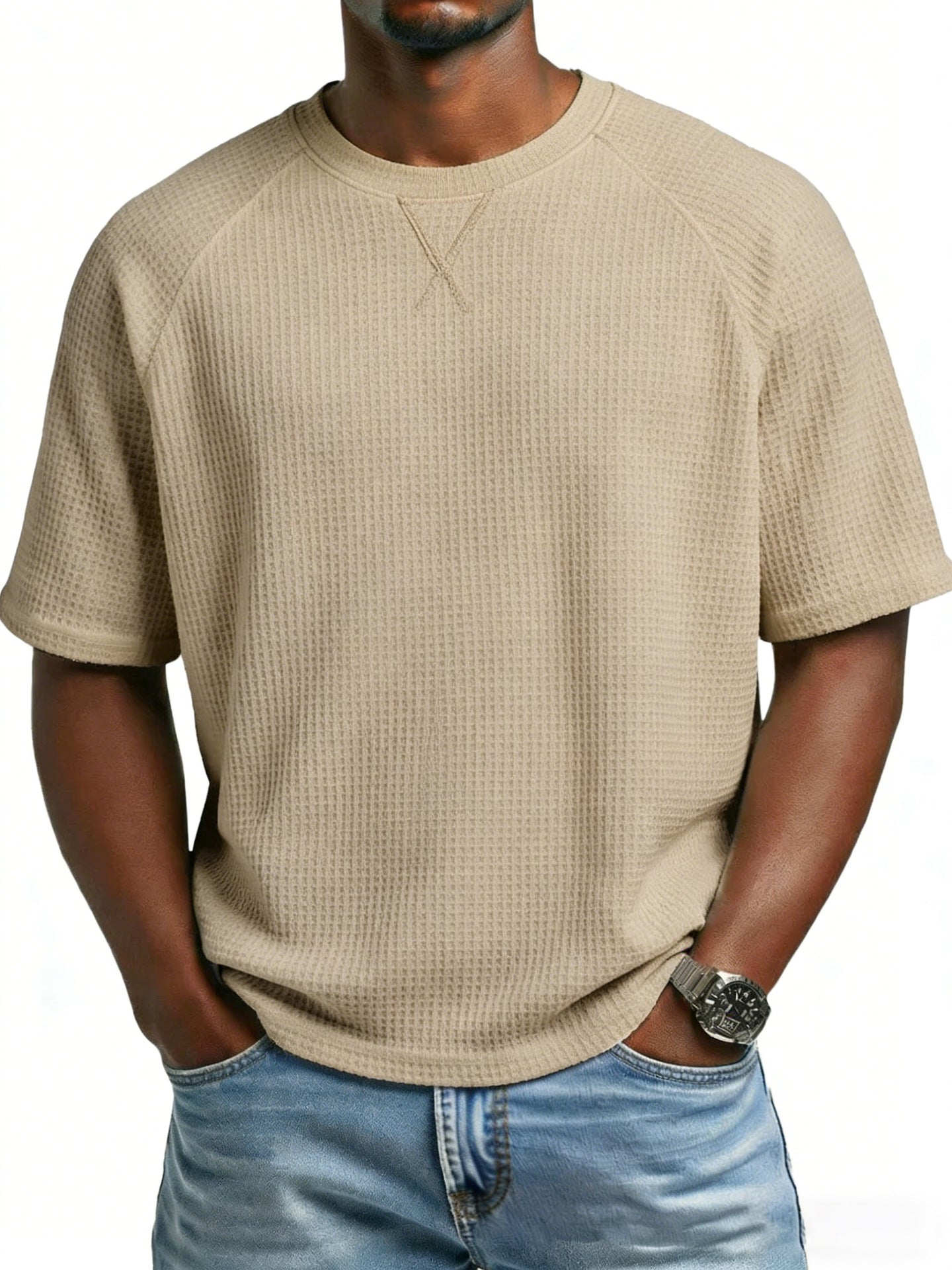 Men's waffle knit tee in khaki beige, short sleeves and crew neck
