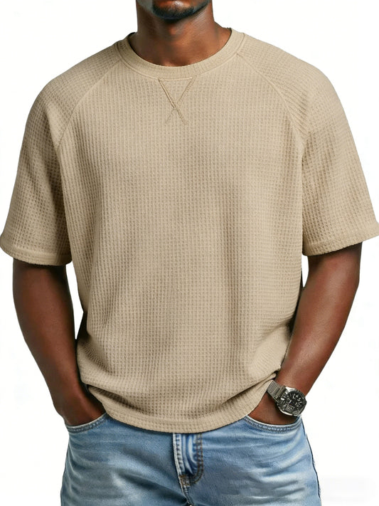 Men's waffle knit tee in khaki beige, short sleeves and crew neck